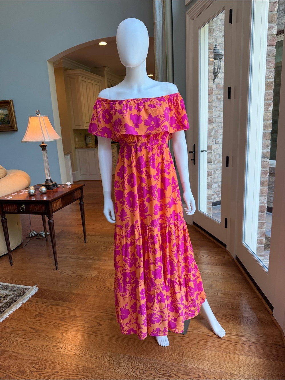 Flying Tomato Off-the-Shoulder Pink & Orange Floral Maxi Dress